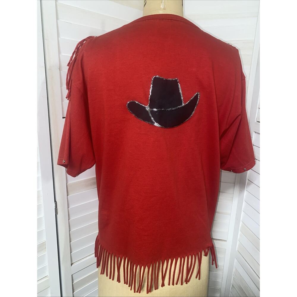 Vintage 80s 90s Red Southwestern Rodeo Boho Fringe Studded Shirt Large Handmade - Picture 6 of 9